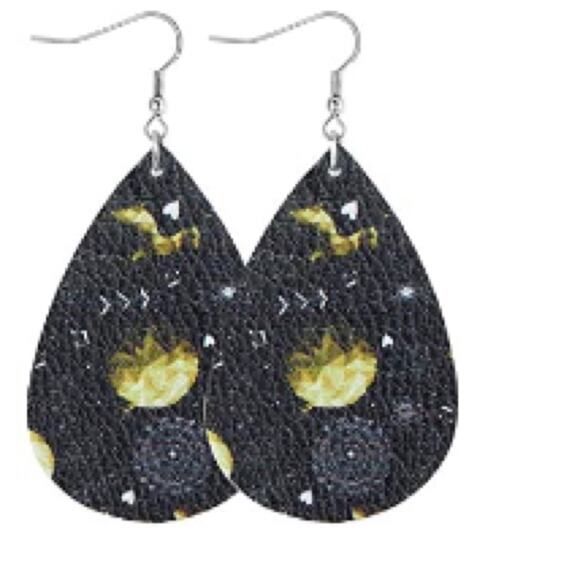 Leaf and Moon Teardrop Leather Dangle Earring Lightweight - Picture 2 of 4